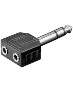 Lydadapter 6,35 mm hann (3-pinners, stereo) til 2x 3,5 mm hunn (3-pinners, stereo)