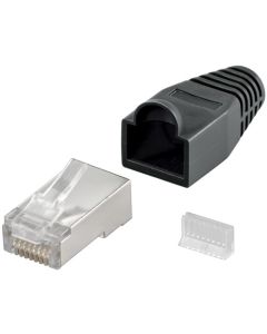 CAT 5E RJ45 Plug Shielded med stress avtar hette, svart - 1 stk.