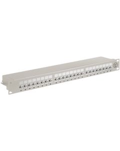 CAT 6A 19 tommers lapppanel, 24 port, grå, papirboks med etikett