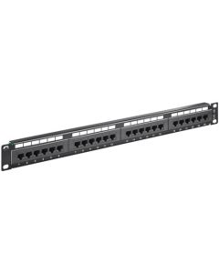 Cat 5e 19 tommers lapppanel, 24 port, svart, papirboks med etikett